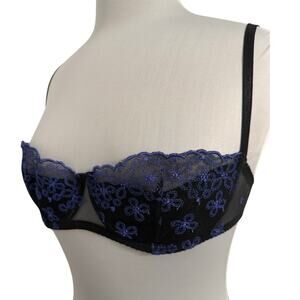 Women's 36B Sexy Underwire Cobalt Blue Black Floral Balconette Bra Honeymoon